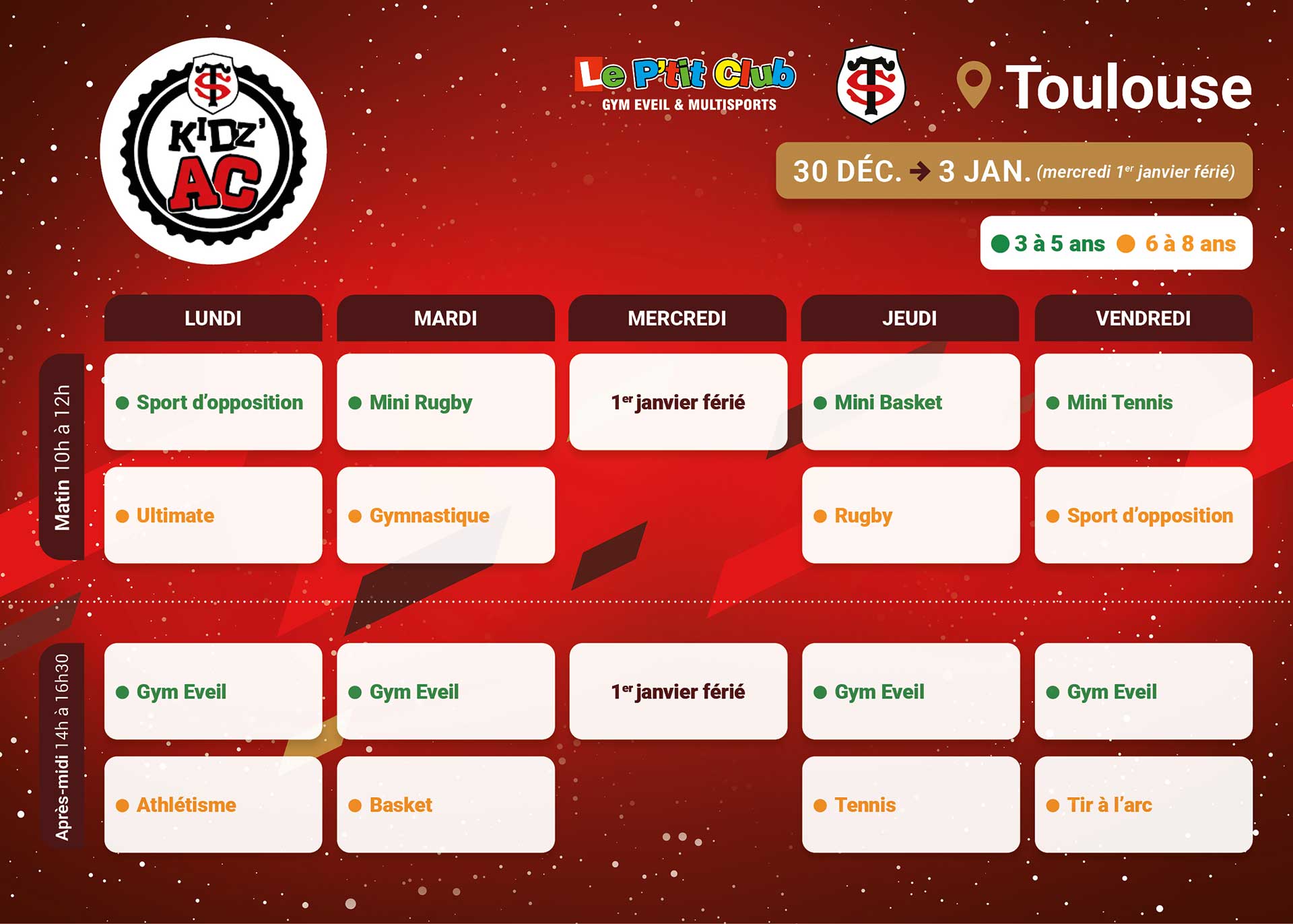 Planning stages vacances décembre 2019 KidZ'Ac Toulouse