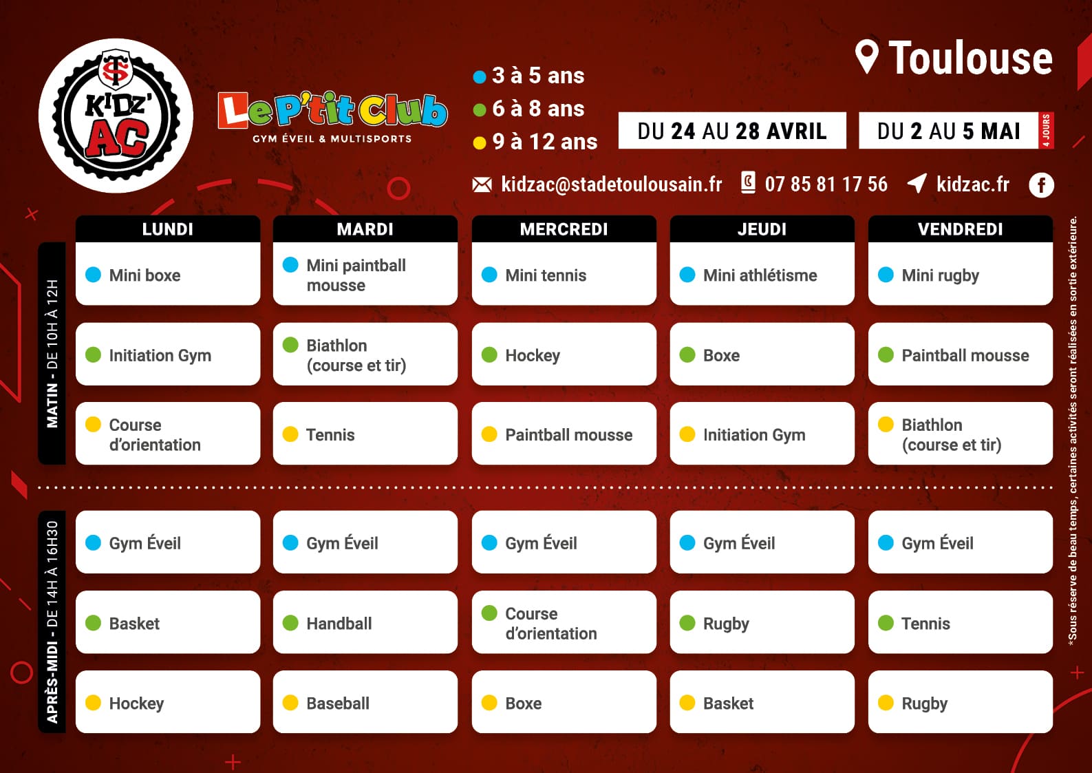 Planning stages vacances Pâques 2023 KidZ'Ac Toulouse